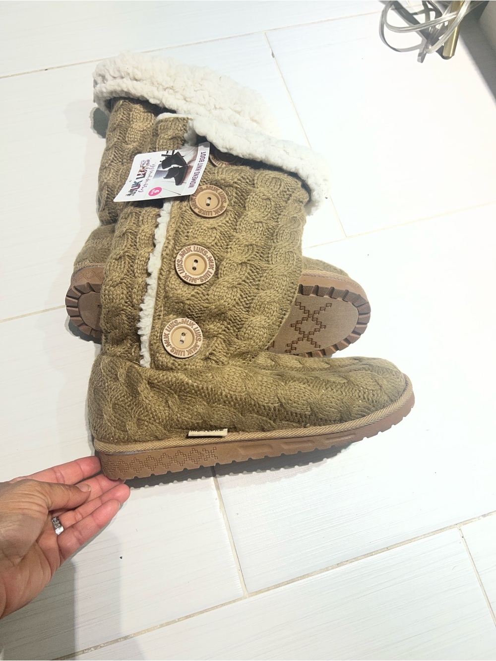 Muk Luks Cable Knit Button Boot in Camel
